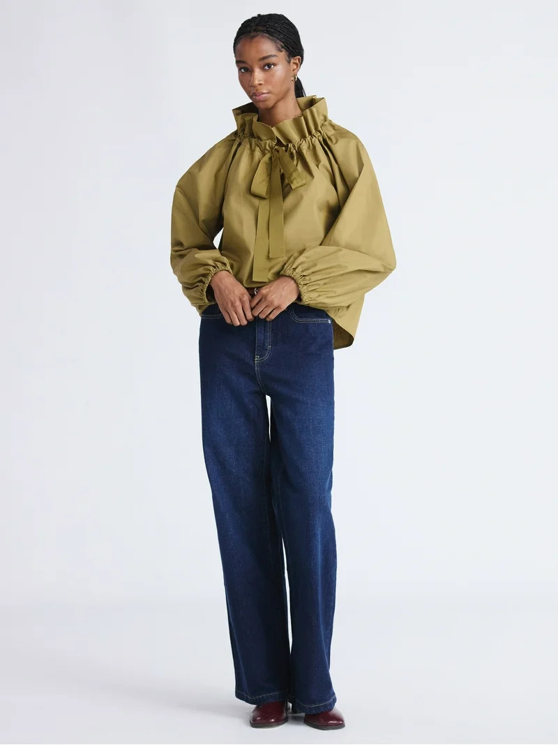 Free Assembly Women's and Women's Plus Size Ruffle Neck Cotton Top with Long Sleeves, XS-4X | Walmart (US)