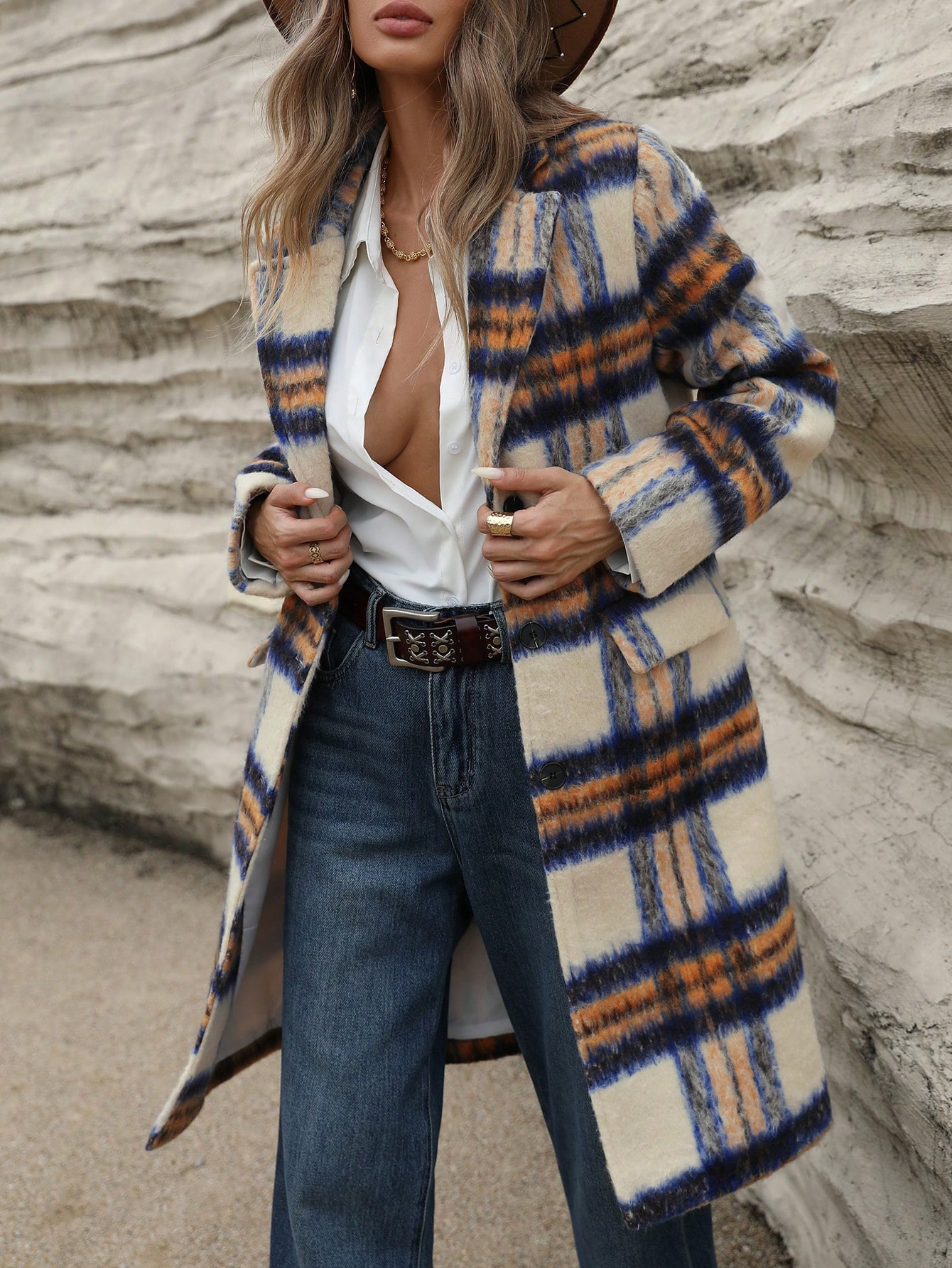 SHEIN Essnce Women's 2024 Plaid Casual Button Wool Blend Winter Plaid Coat With Pockets, Fall Clo... | SHEIN