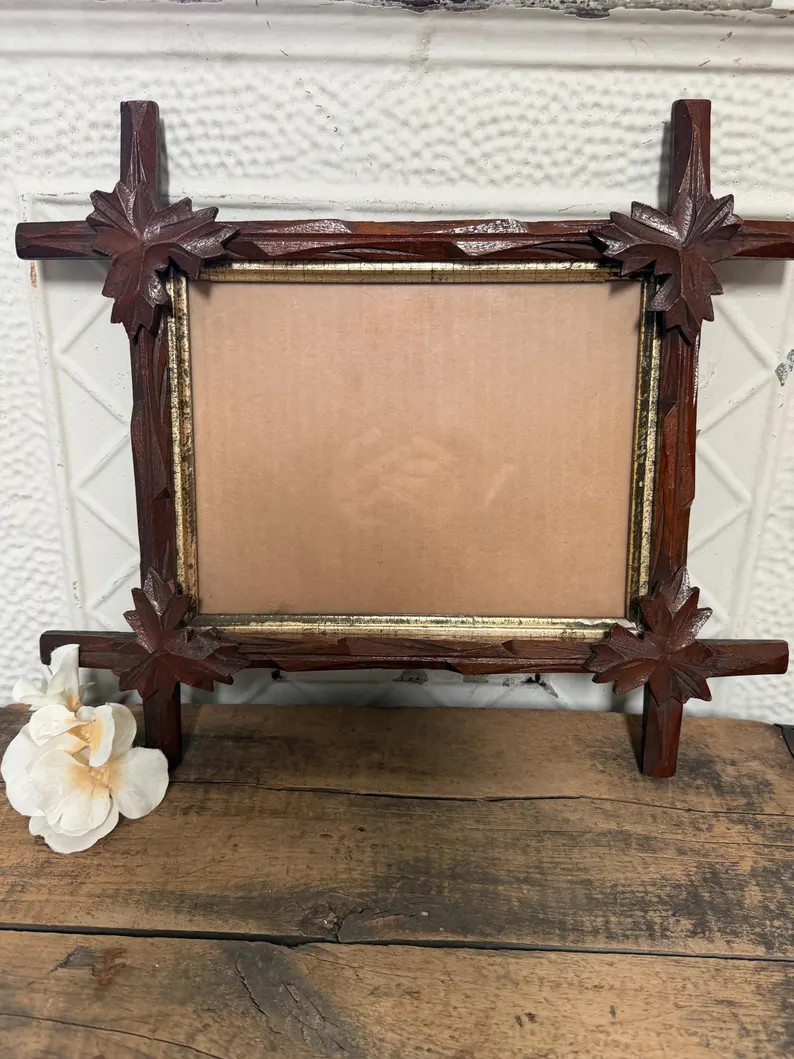 Antique Adirondack Walnut Wood Frame with Leaf Corners, Glass, Gold Inset, Tramp Art, Folk Art | Etsy (Global)