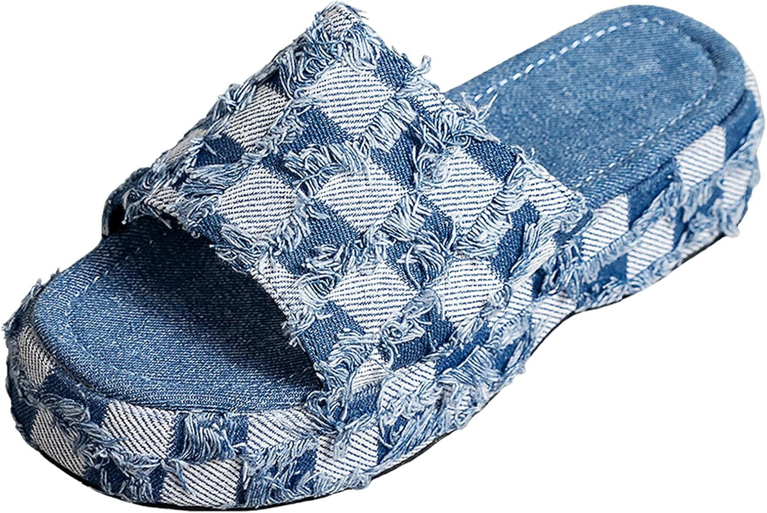 Optigard Women's Denim Cloth Heckered Pattern Platform Slides Vintage Thread Edge Open Toe Slip On C | Amazon (US)