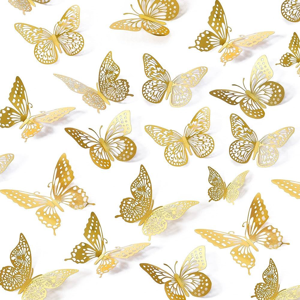 SAOROPEB 3D Butterfly Wall Decor 48 Pcs 4 Styles 3 Sizes, Gold Butterfly Decorations for Butterfl... | Amazon (US)