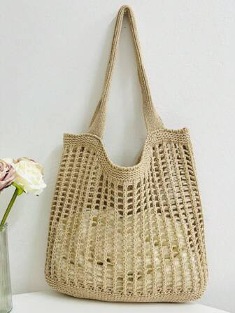 Hollow Knit Tote Bag, Fashionable Ladies Shoulder Bag Beach Bag, Crocheted Handbag | SHEIN