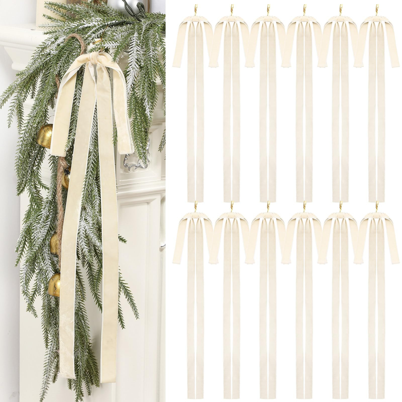 Janinka 12 Pcs Beige Velvet Ribbon Bows Christmas Tree Decorations 23.5x15.5 Inch Rustic Neutral Large Velvet Vintage Christmas Swag Ornaments Staircase Wreath Bows Tree Topper Bow | Amazon (US)