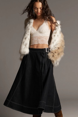 Pilcro Side-Slit Denim A-Line Midi Skirt | Anthropologie (US)