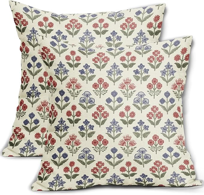 4th of July Patriotic Floral Pillow Covers 18x18 Inch Set of 2, Navy Blue Red Green Flower Block ... | Amazon (US)