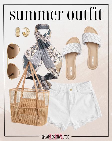 Channel your inner boho goddess with this summer ensemble! Pair a chic criss-cross bandana top with white denim shorts for laid-back vibes. Complete the look with hoop earrings, stylish sunglasses, a beach tote bag, and comfy braided slip-on sandals. Embrace the sunshine in style!

#LTKfindsunder100 #LTKSeasonal #LTKstyletip