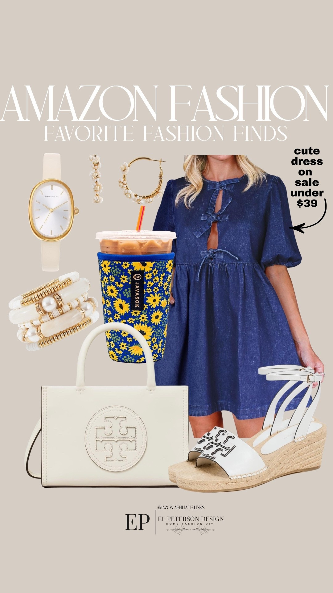 Amazon Fashion
Dress
Insulated sleeve cup
Wedges
Purse
Earrings
Bracelet
Watch 