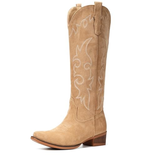 Fioralie Suede Cowboy Boots for Women Knee High Western Cowgirl Boots Pointed Toe Low Heel Classic Embroidered Boot | Amazon (US)