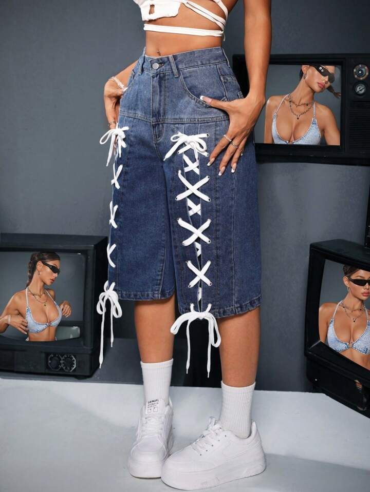 SHEIN ICON Women Fashionable Lace Up Detail Loose Denim Shorts | SHEIN