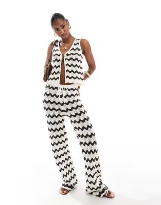 4th & Reckless wave crochet beach waist coat top and trousers co-ord in chocolate and cream | ASOS (Global)