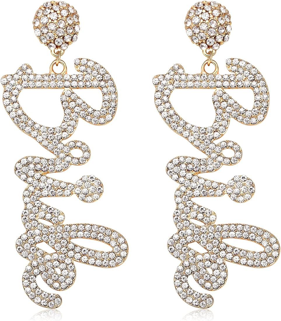Bride Earrings for Women Sparkling Rhinestone Dangle Earrings Letter Drop Earring Wedding Party G... | Amazon (US)