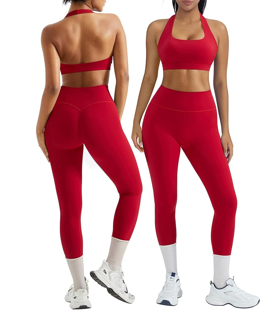 OMKAGI 2 Piece Workout Sets for Women Halter Sports Bras Gym Sets Booty Leggings Outfits | Amazon (US)