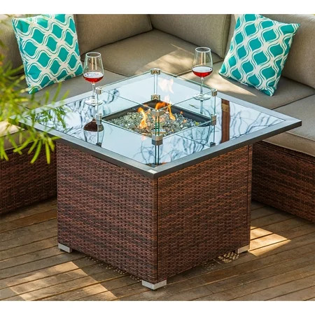 COSIEST Outdoor Propane Fire Table Square Espresso Brown Wicker Fire Pit Wind Guard | Walmart (US)