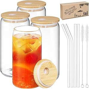 4 Pack Drinking Glasses Beer Can Glass Cups 16 oz Can Shaped Tumbler Glass with Bamboo Lids and S... | Amazon (US)
