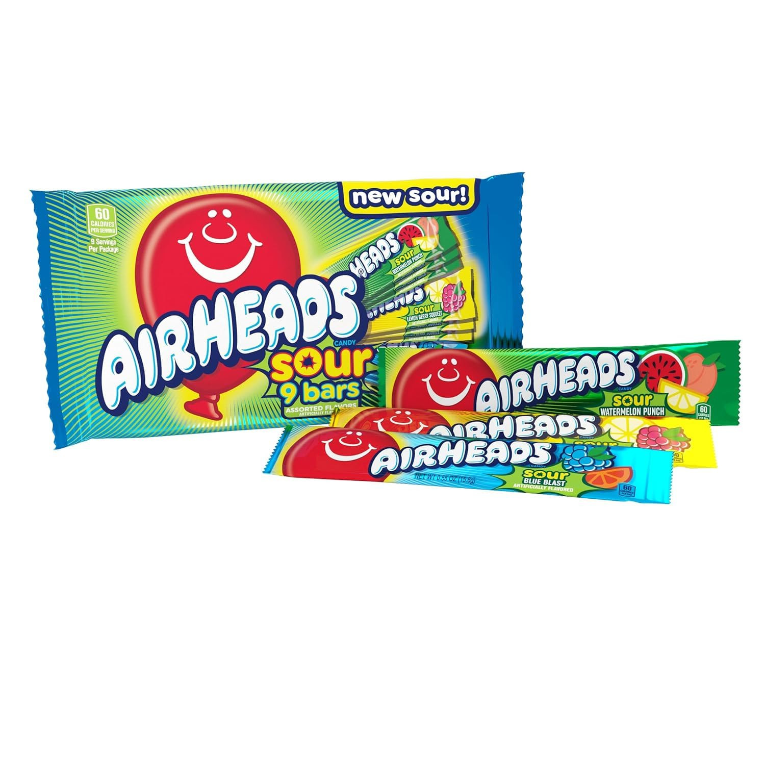 Airheads SOUR Candy Bars, Sour Watermelon Punch, Blue Blast, Lemon Berry Squeeze, 9 Bar Movie The... | Amazon (US)