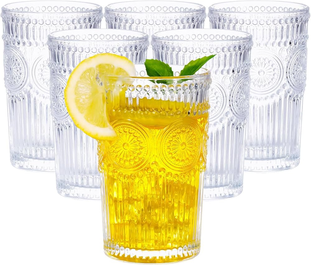 Vintage Glassware Romantic Drinking Glasses - 12 oz Cocktail Glasses Set of 6 Embossed Water Glas... | Amazon (US)