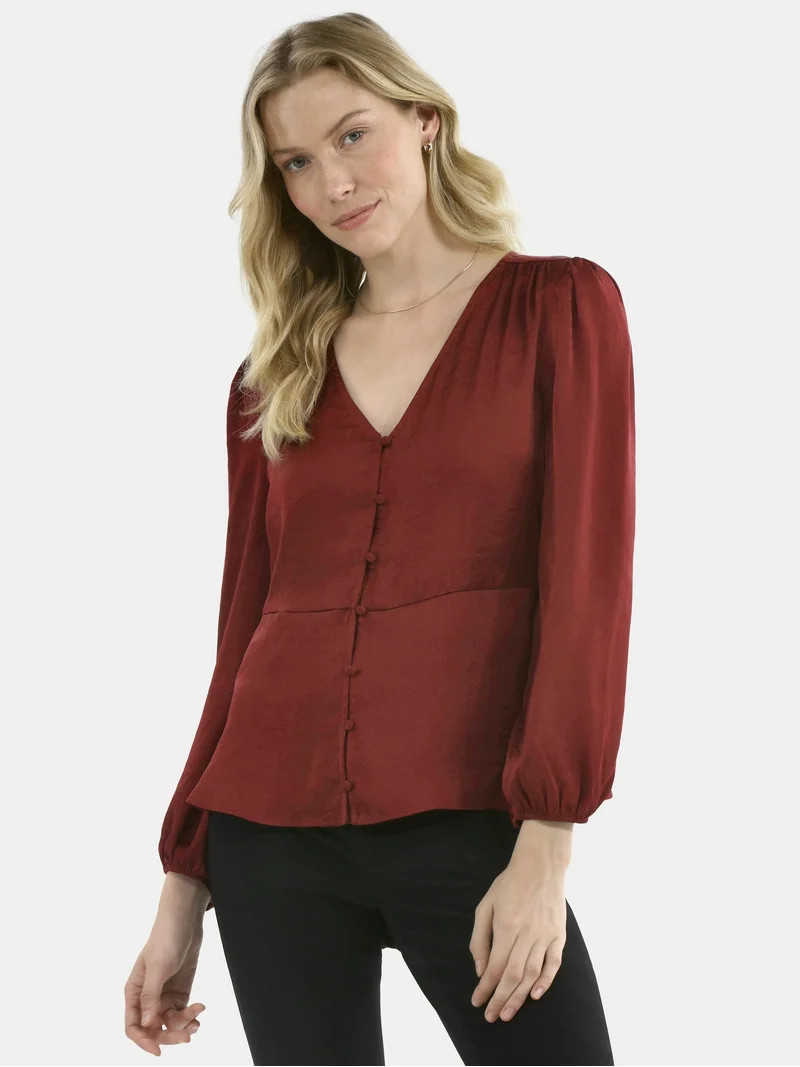 Time and Tru Women's Satin Blouse with Long Balloon Sleeves, XS-XXXL | Walmart (US)