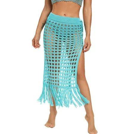 Women Sexy Hollow Out Mesh Tassle Skirts Beach Cover Up Summer Fish Net Swimsuit Wrap Swimwear - Green | Walmart (US)