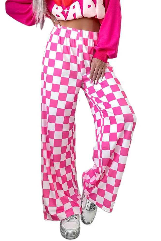 Lesore Womens Casual 2-Tone Checkered Print Pants Elastic High Waist Wide Leg Pants Lounge with P... | Amazon (US)
