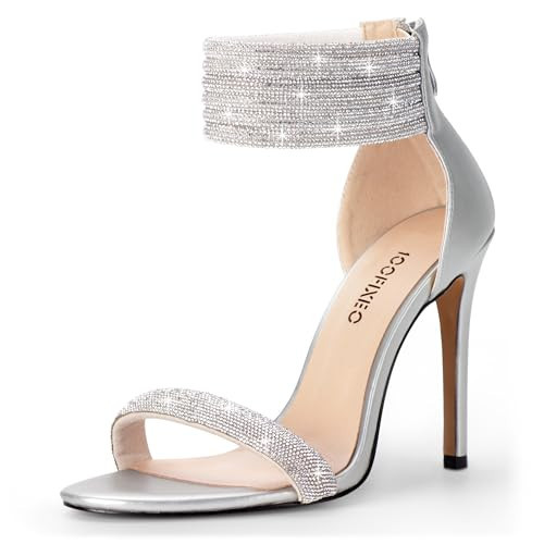 100FIXEO Sexy Rhinestone High Heeled Sandals Elegant Open Toe ankle strap Stiletto Heel Wedding Dress Shoes(Silver, 8.5) | Amazon (US)