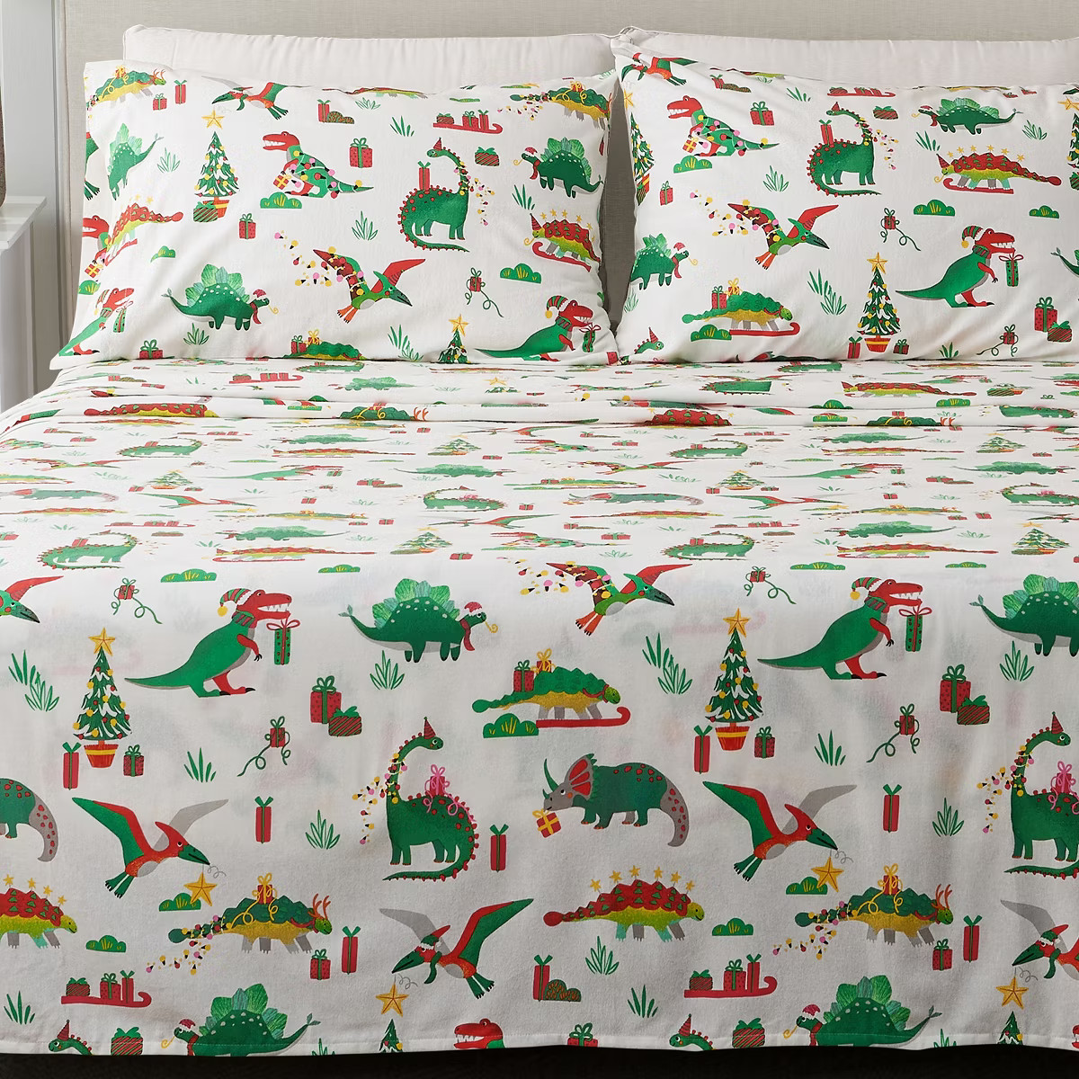 100% Cotton Christmas Flannel Sheets - Great Bay Home (Full, Christmas Dinosaur) | Target