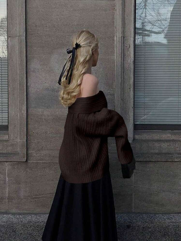 Women's Solid Color Off Shoulder Long Sleeve Casual Elegant Knit Sweater, Suitable For Going Out,... | SHEIN