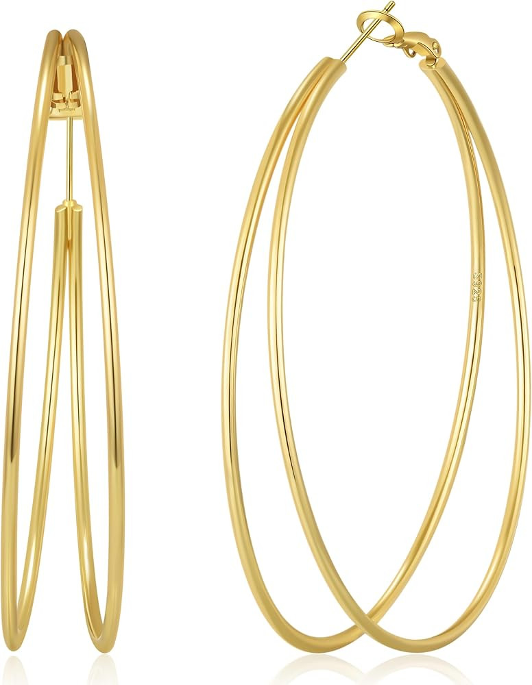 OOOPEL Large Thin Double Hoop Earrings for Women Lightweight Hypoallergenic 925 Sterling Silver P... | Amazon (US)