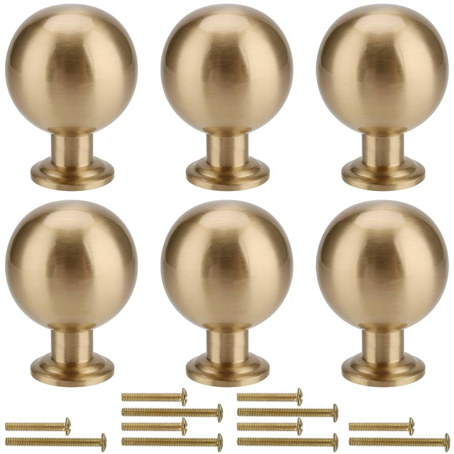 HAKZEON 6 PCS 1 Inch Round Ball Brass Cabinet Knobs, Brushed Yellow Cabinet Knobs with Screws Rou... | Amazon (US)