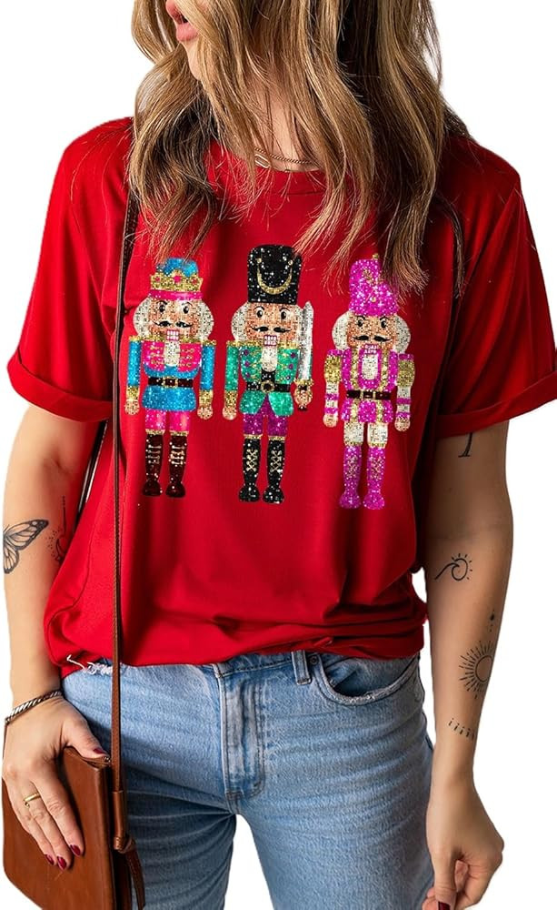 Womens 4th July Sequined American Flag Star Graphic T Shirt 2024 Casual Basic Tops Short Sleeve S... | Amazon (US)