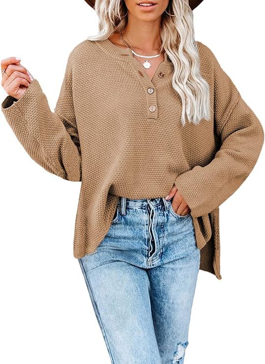 Dokotoo Womens Button V Neck Sweaters Long Sleeve Cable Knit Pullover Sweater Tops | Amazon (US)