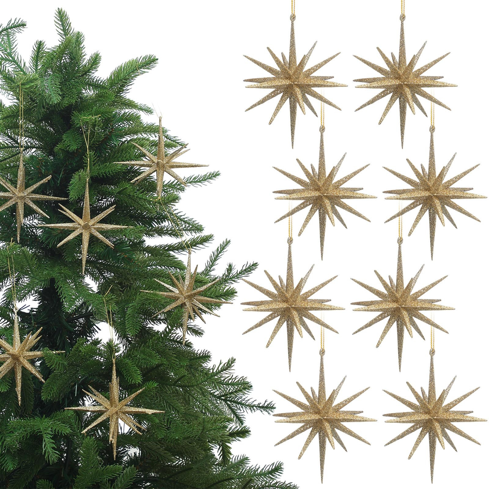 6 Inch Set of 8 Glitter Large Star Hanging Ornaments Christmas Tree Decorations Plastic Festive E... | Amazon (US)