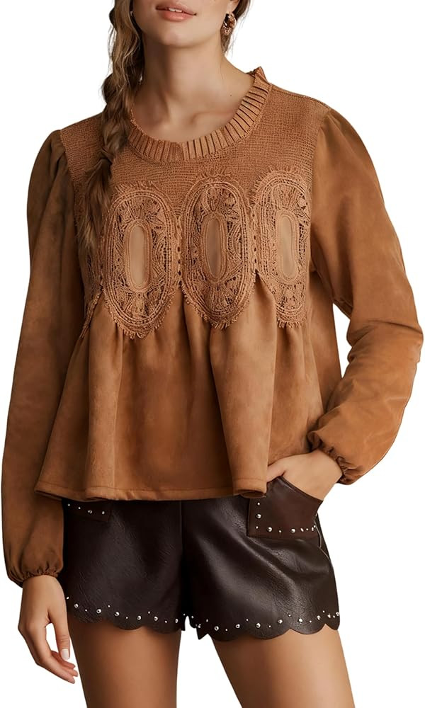 Women's Faux Suede Lace Poplin Mesh Peplum Babydoll Tops Long Puff Sleeves Crew Neck Flared Swing... | Amazon (US)