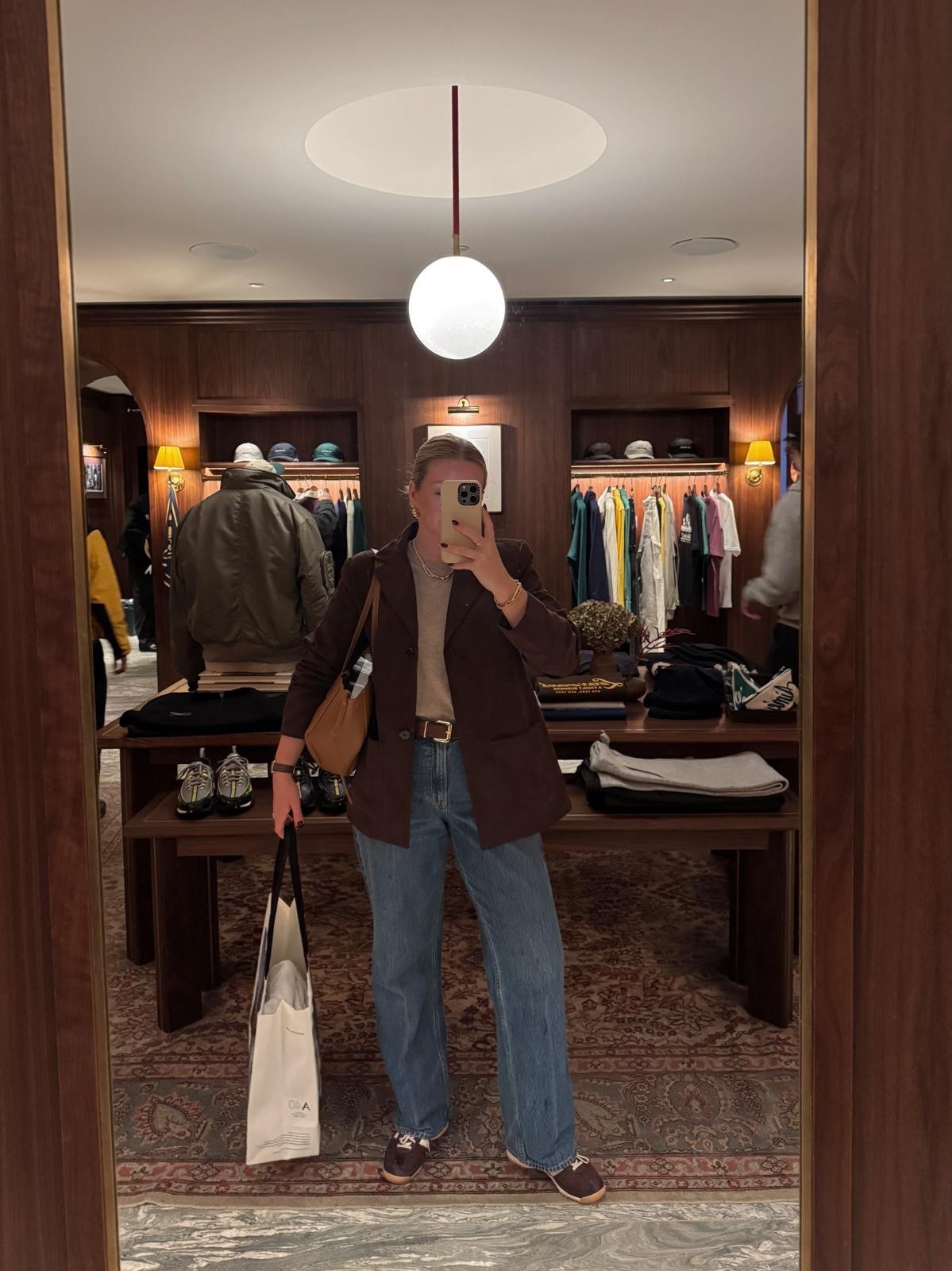 Autumn New York City outfit inspiration - beige short sleeve knit jumper, H&M chocolate brown faux suede blazer, mango brown belt, Abercrombie blue straight leg jeans, adidas brown trainers, polene Paris cyme mini handbag  

#LTKautumn #LTKuk #LTKstyletip