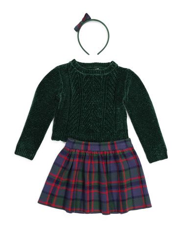Toddler Girls 2pc Chenille Sweater Plaid Skirt Set With Headband | Marshalls