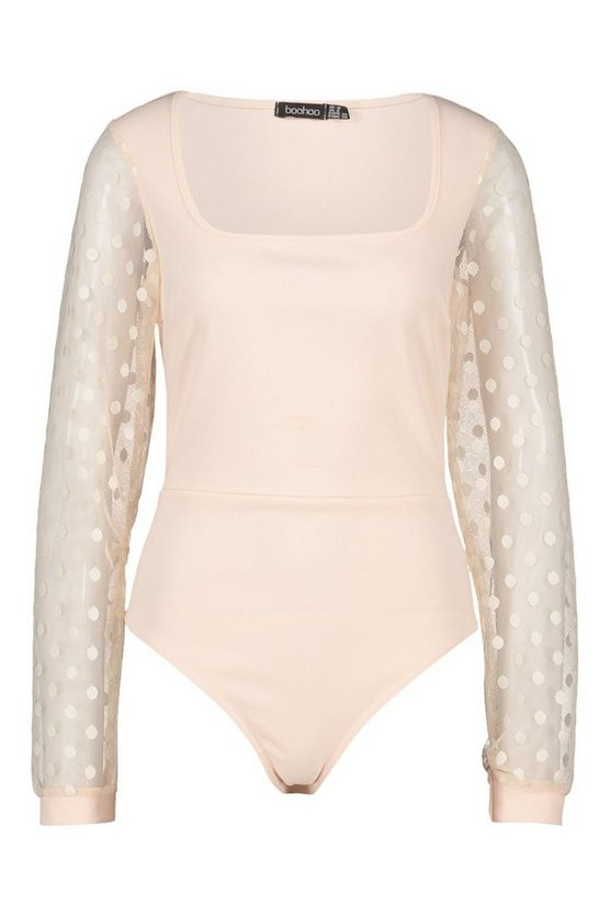 Polka Dot Mesh Sleeve Square Neck Bodysuit | Boohoo.com (US & CA)