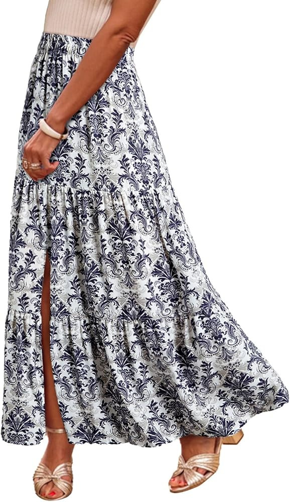 Happy Sailed Skirts for Women Spring Summer Boho Floral Print High Waist Flowy Split A Line Maxi ... | Amazon (US)