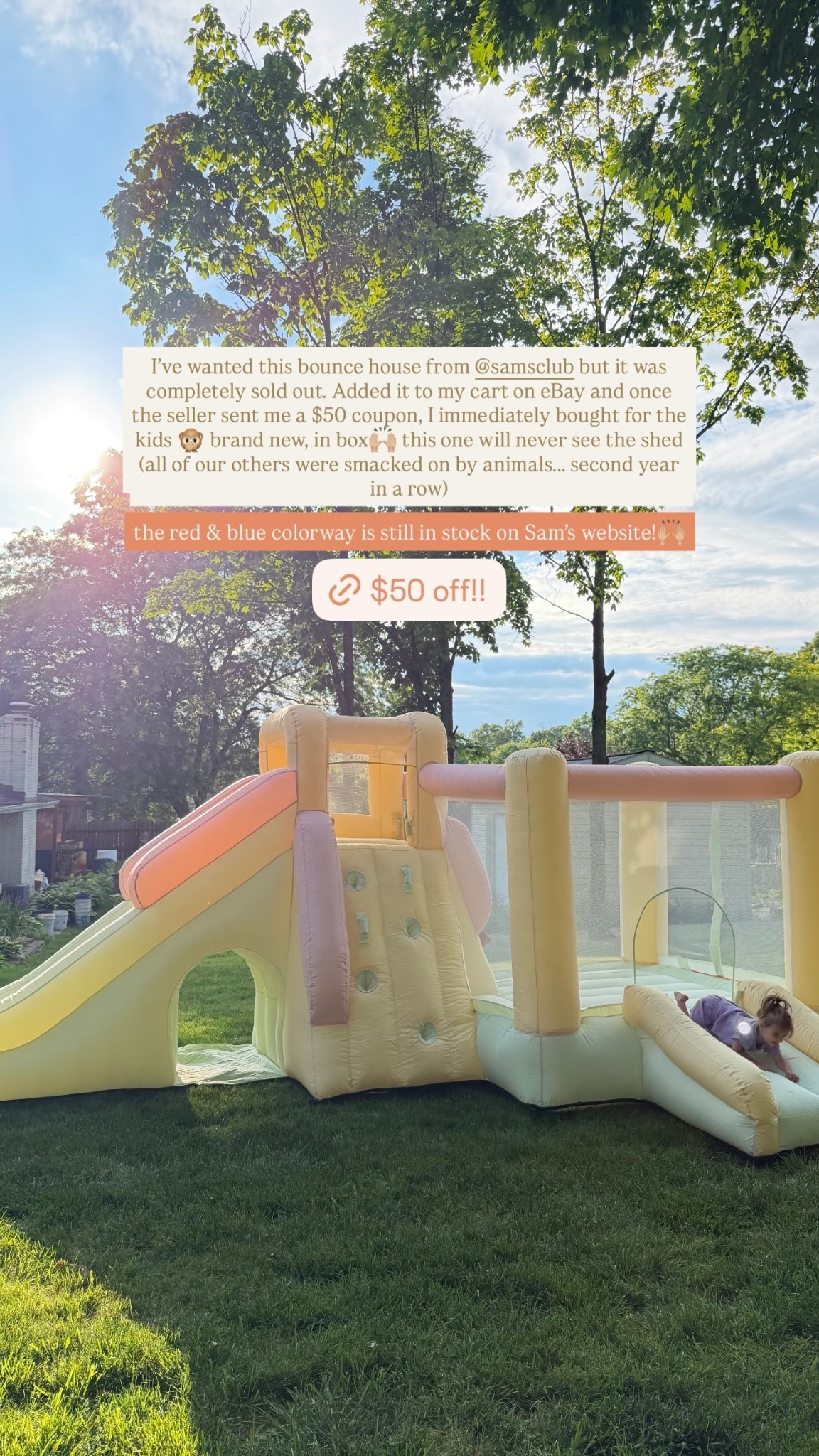 I’ve wanted this bounce house from @samsclub but it was completely sold out. Added it to my cart on eBay and once the seller sent me a $50 coupon, I immediately bought for the kids 🙊 brand new, in box🙌🏼 this one will never see the shed (all of our others were smacked on by animals….. second year in a row)  the red & blue colorway is still in stock on Sam’s website!🙌🏼