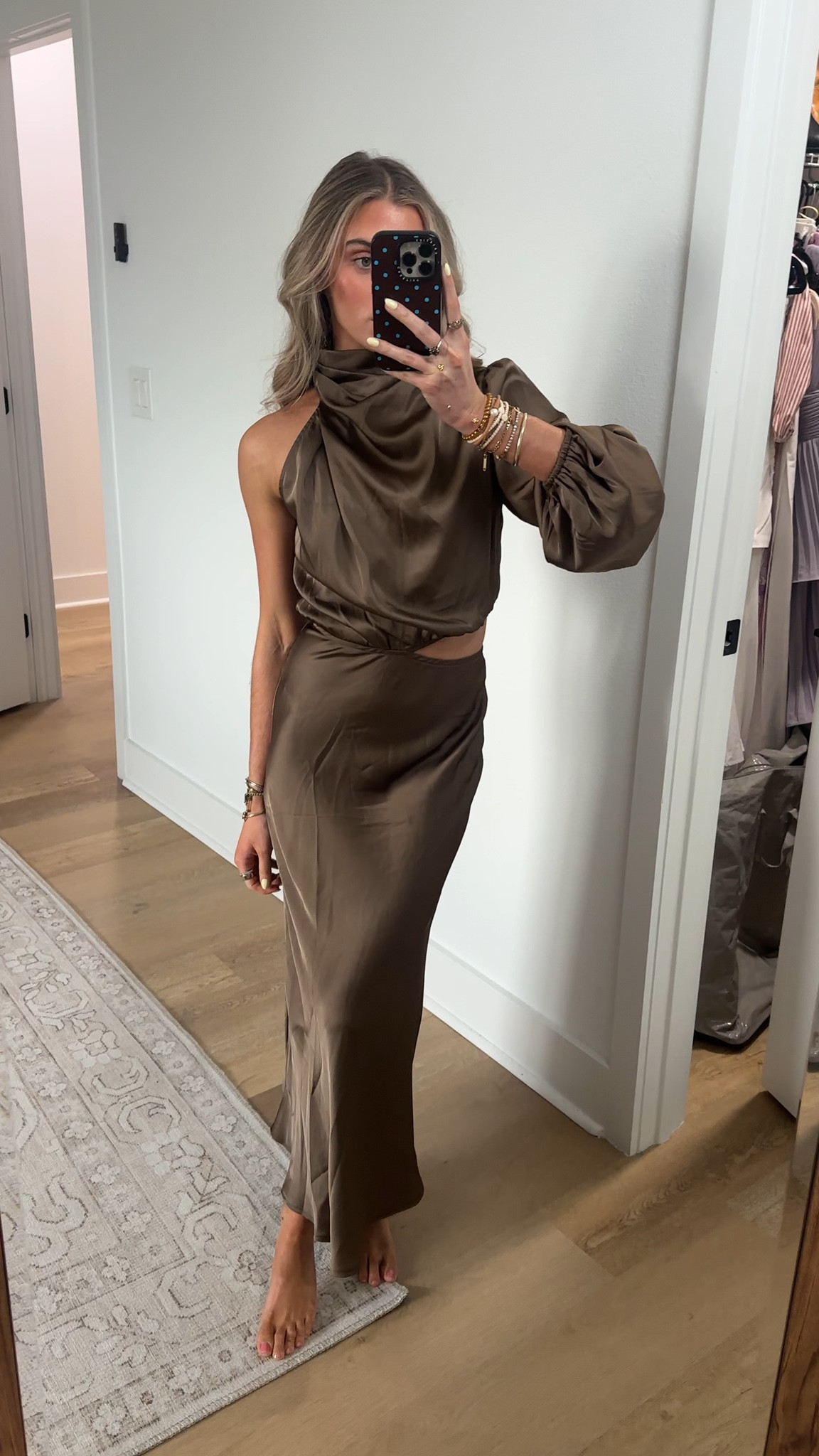 @hellomolly size XS. Won over midi dress in brown. Earn your style points in the Won Over Midi Dress. Featuring one shoulder design and cowl drapes. Style with heels for a look we're obsessed with. 

#LTKWedding #LTKootd #LTKgrwm