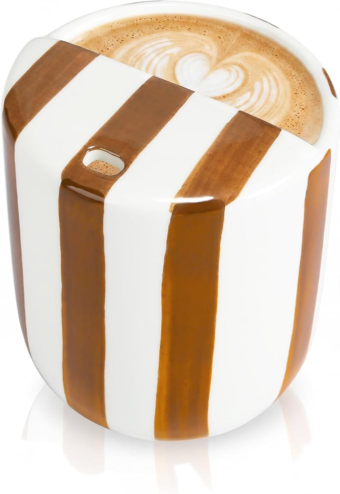 Ceramic Mug with Sip Hole 10 oz Brown Striped Ceramic Coffee Mug Hand Painted Travel Mugs Heat Re... | Amazon (US)