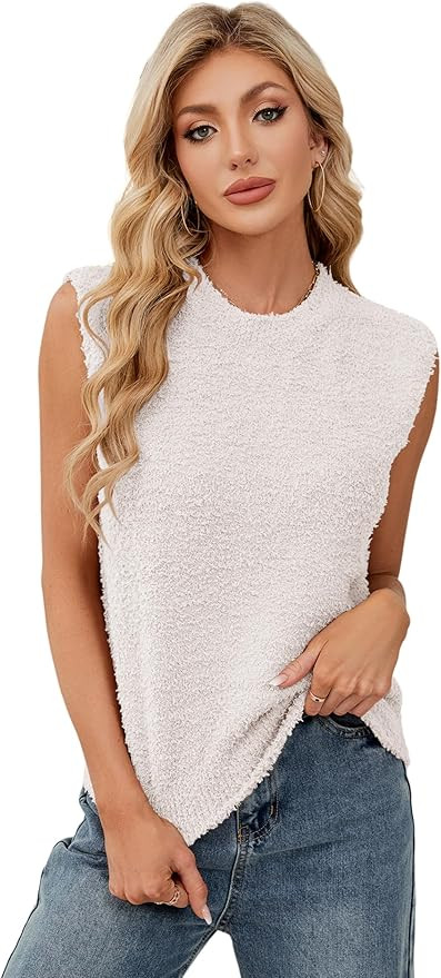 SCUSTY Women's Fuzzy Knit Vest Sleeeveless Casual Crew Neck Loose Lightweight Sweater Pullover To... | Amazon (US)