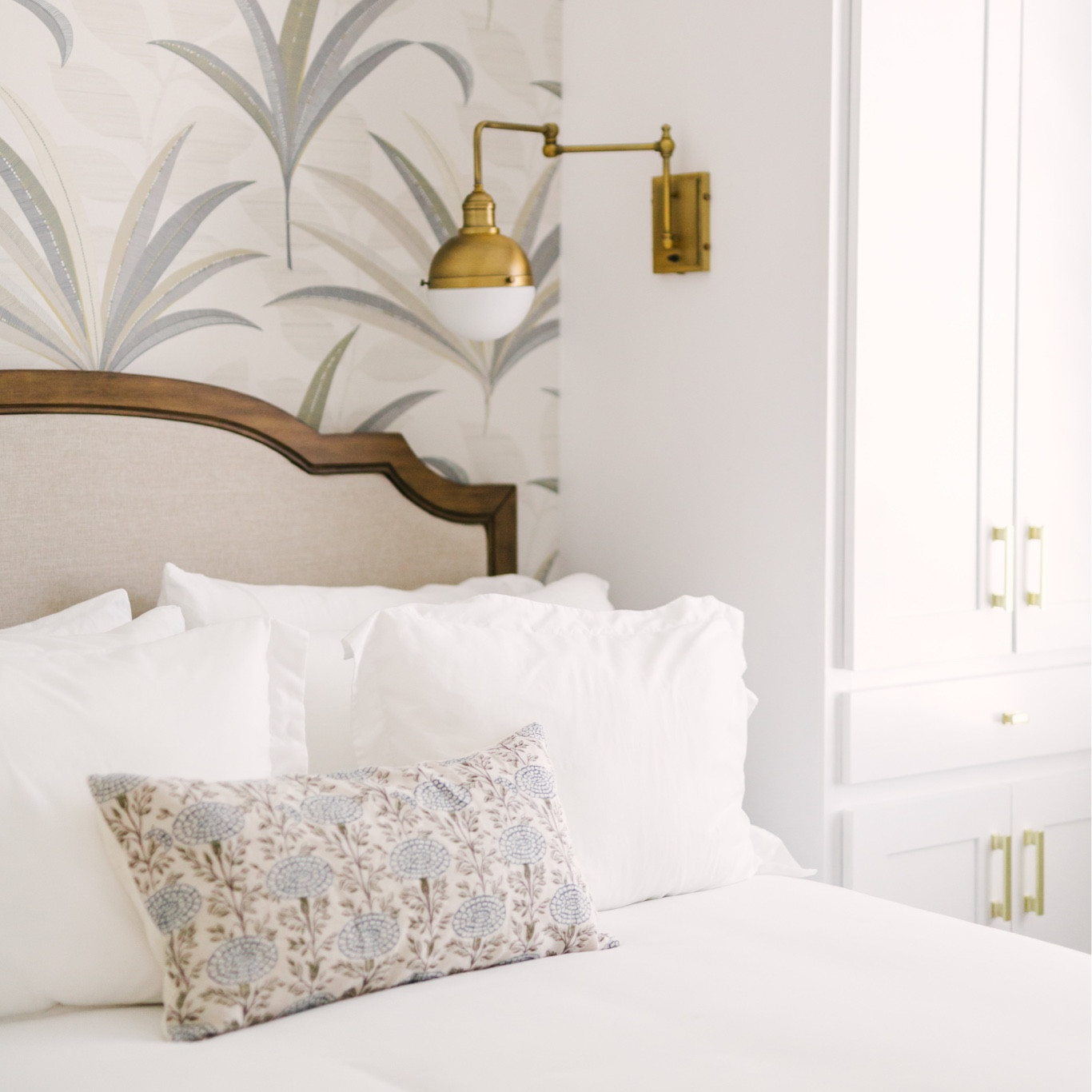 Imagine creating your own peaceful retreat right in your bedroom! 🌙✨ Picture snuggling up in cozy bedding, basking in the warm glow from gorgeous brass sconces while you indulge in a good read. And let's not forget the fun wallpaper that adds a pop of personality to your personal haven! It's time to turn your bedroom into a cozy sanctuary that's perfect for relaxation and unwinding. 😌💤

Peaceful retreat, Cozy bedding, Gorgeous brass sconces, Reading nook, Fun wallpaper, Bedroom sanctuary, Relaxation space, Bedding essentials, Bedroom decor, Personal haven, upholstered bed, gold sconce, Lisa fine, designer pillow, palm, leaf, accent wall 

#LTKunder50 #LTKfamily #LTKhome