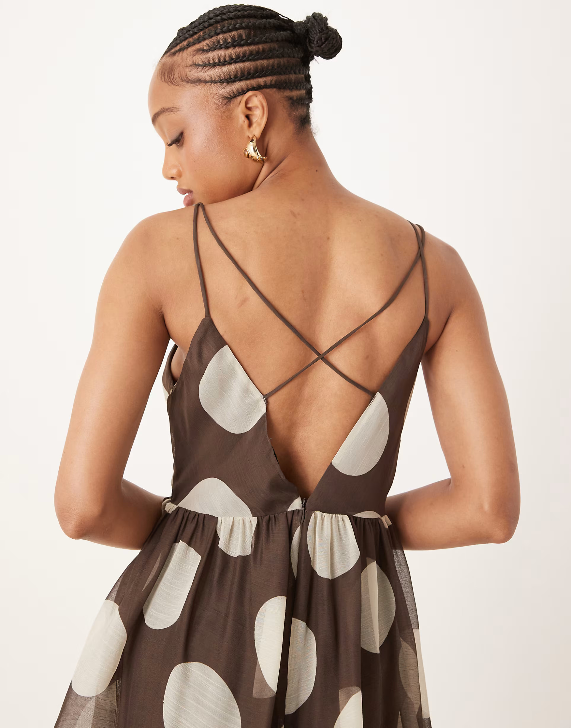 ASOS DESIGN Tall plunge tiered maxi dress with open back in brown polka dot print | ASOS (Global)