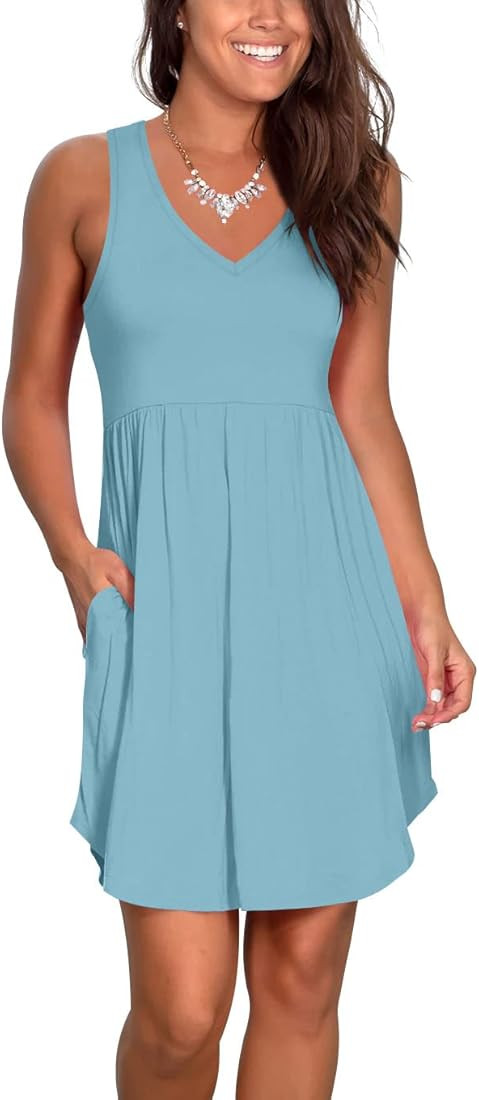 Atizon Casual Summer T Shirt Dress for Women V Neck Swing Elastic Tunic Short Sundress with Pocke... | Amazon (US)