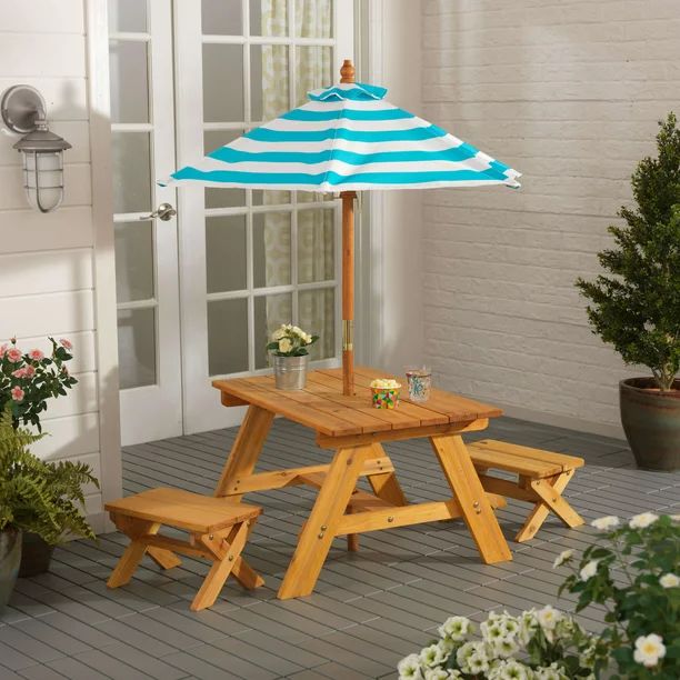 KidKraft Outdoor Wooden Table & Bench Set, Striped Umbrella, Turquoise and White | Walmart (US)