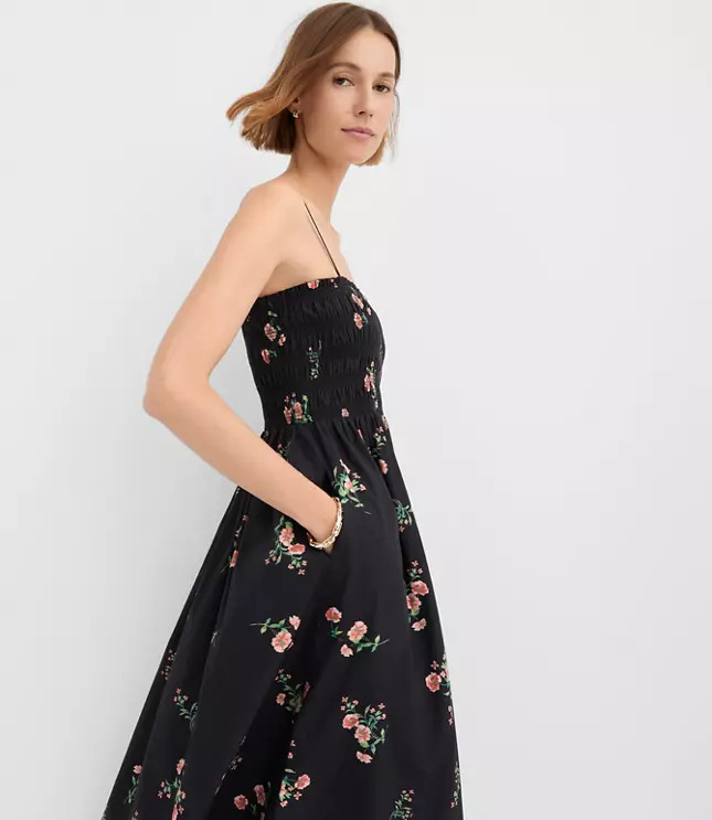 Floral Poplin Smocked Strappy Maxi Dress | LOFT