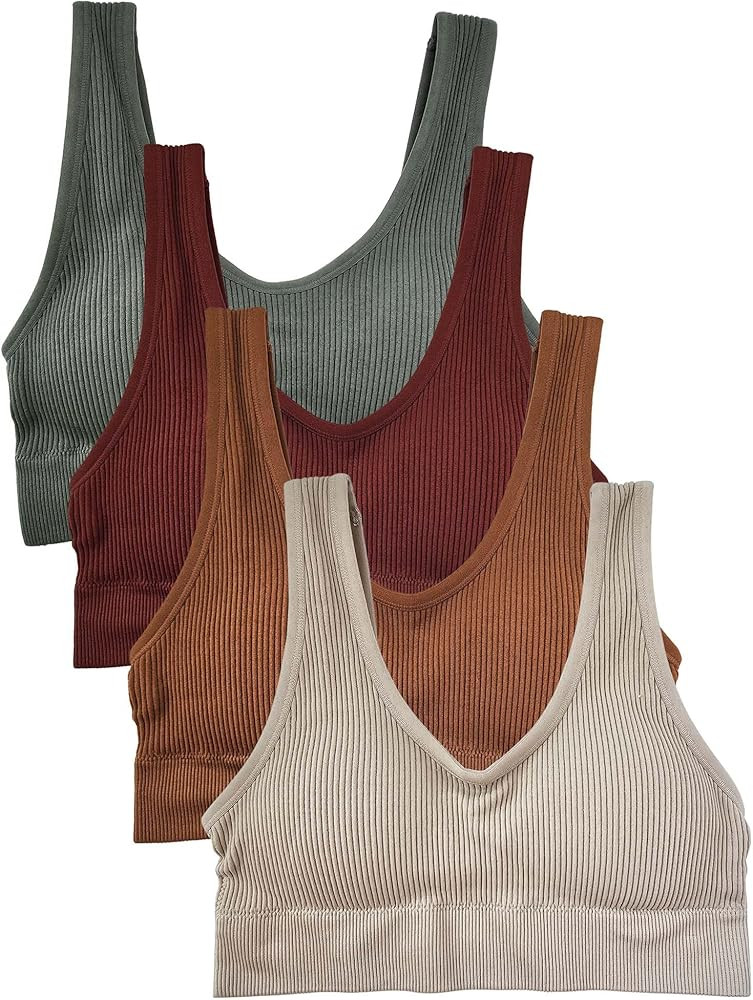Kalon Women's 4 Pack Ribbed Bralette Crop Top Comfort Sports Bra | Amazon (US)