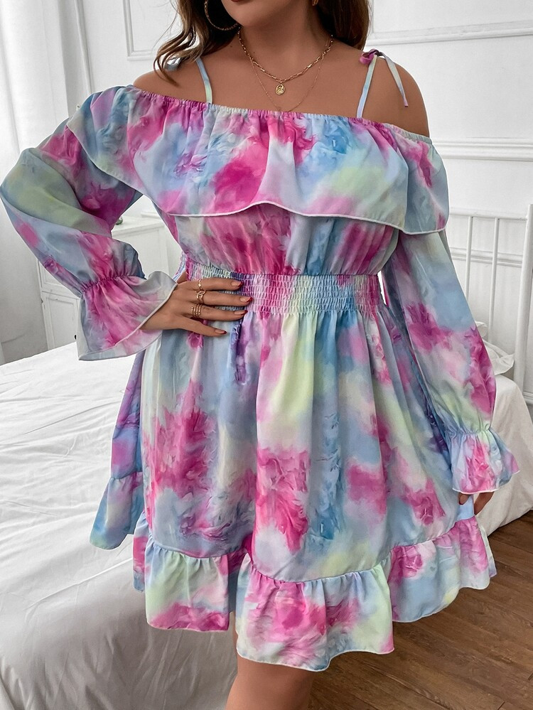 Plus Tie Dye Cold Shoulder Ruffle Hem Dress | SHEIN