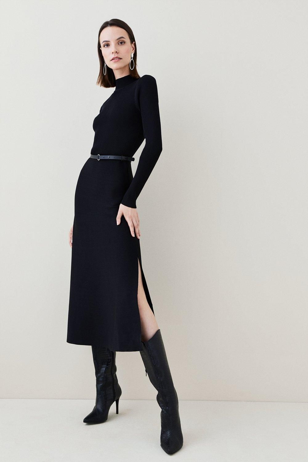 Viscose Blend Rib Knit Belted Midi Dress | Karen Millen UK + IE + DE + NL