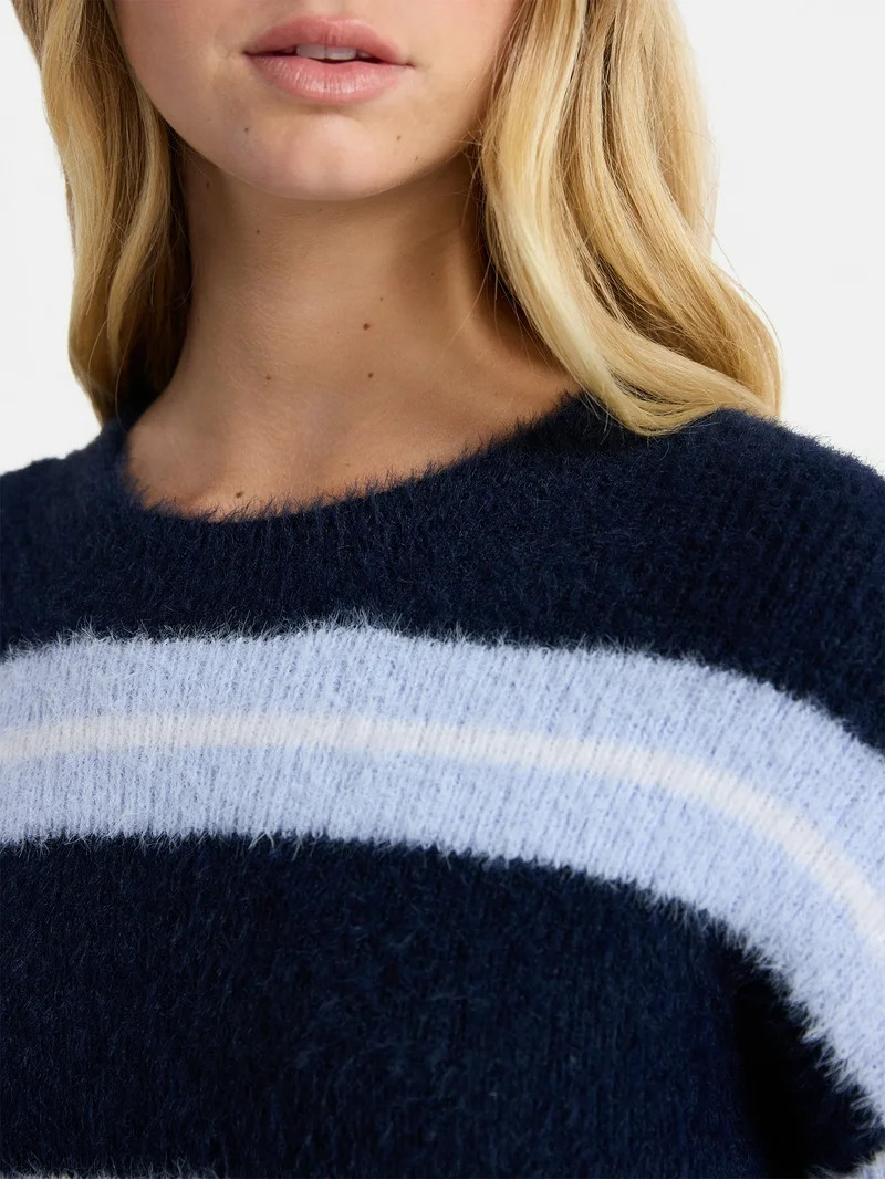 No Boundaries Striped Feather Sweater, Women's & Women's Plus | Walmart (US)