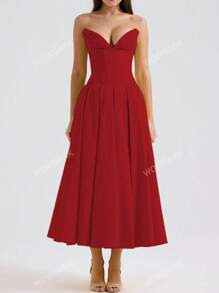 Women's Summer Solid Color Pointed Herringbone Belted A-Line Dress | SHEIN